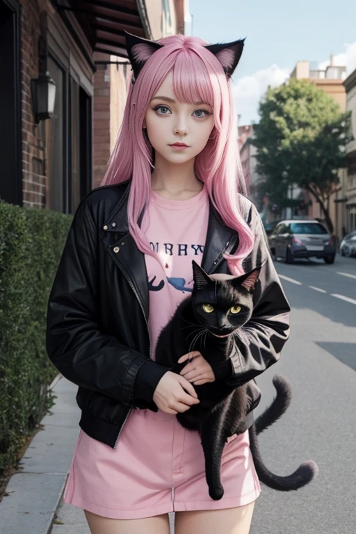 Girl with cat, black cat, pink hair blue eyes, avatar