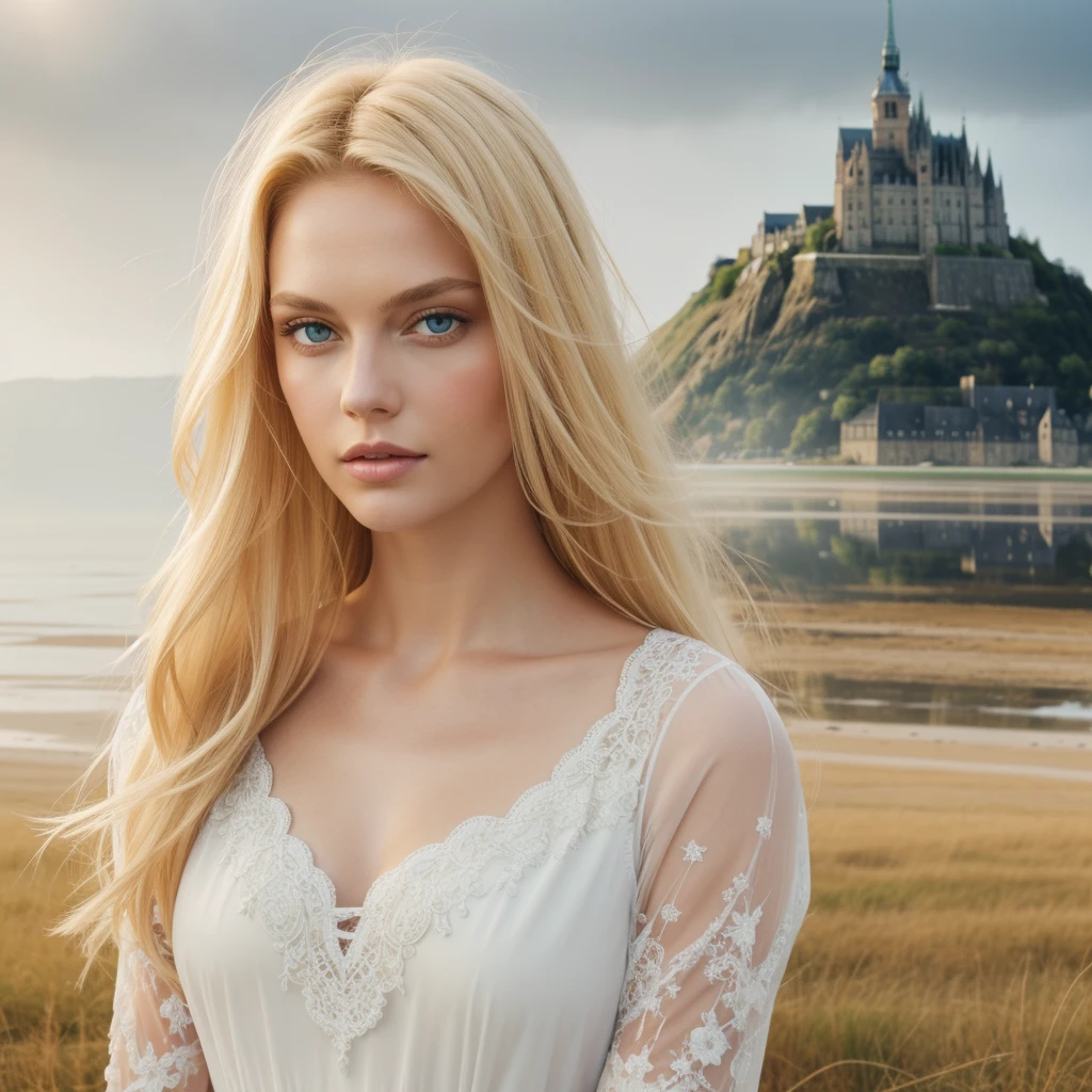 a fashion photo of a (beautiful very tall german woman:1.2), serene gaze, standing in front of mont san michel, france, telephoto photography, tight outfit, detailed big light green eyes, blond hair, big lips, intricate detail, intricate light skin, intricate pastel hair, messy hair, floating hair, (atmosphere:1.2), (haze:1.3), soft ambient lighting INFO