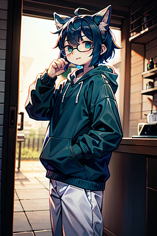 (best quality,4k,8k,high resolution,masterpiece:1.2),Ultra-detailed,(lifelike,lifelike,lifelike:1.37),blue short hair,cute,illustration,Shota,digital painting,studio lighting,bright colors,Surreal,pastel color palette,soft light,hairy,Cat,Cat耳朵,Cat尾巴,green eyeale,long tail,personification,hairy艺术风格,blue fur,black hoodie,White trousers,sports shoes,Walking in the modern city,wear glasseoon,Rooftop)