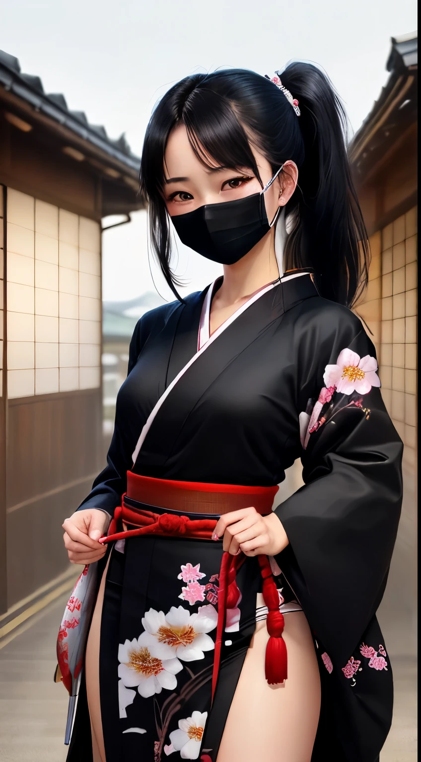 最high quality、high quality、best image quality、8K、最High resolution、High resolution、最high quality、masterpiece、RAW photo、realistic atmosphere、(detailed face)、(fine hands、thumb1reference4)、(beauty of japan )、very nice face、cute face、((beautiful japanese girl))、(japanese woman), ((18 year old beautiful girl))、(glossy black hair)、(straight long hair)、(ponytail)、whole body、slim style、(shiny skin)、(Fair skin, Glossy skin)、real human skin、realistic human body structure、perfect body, perfect face, perfect hands, perfect fingers, perfect lips, perfect eyes,perfect teeth、perfect background, perfect atmosphere, natural soft light、photon mapping、Ainu folk costume、ninja cosplay、kunoichi kimono、、((girl with sword in both hands))、Japanese sword、japanese traditional、(kunoichi kimono)、all ninja、A girl inspired by Naruto、((A girl holding a sharp sword in both hands))、In front of an old Japanese house、((Transparent black metallic with floral pattern(Ainu folk costume、Kimono up to the waist、Japanese clothes up to the waist、string bread loincloth、mask))、Dynamic pose with swordsmanship in mind