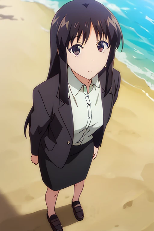 1girl, sei takanashi, beach background, beach, suit, office lady, black skirt, black blazer, pencil skirt, skirt suit, long skirt, white shirt, collared shirt, long hair, teenager, looking at viewer, full body