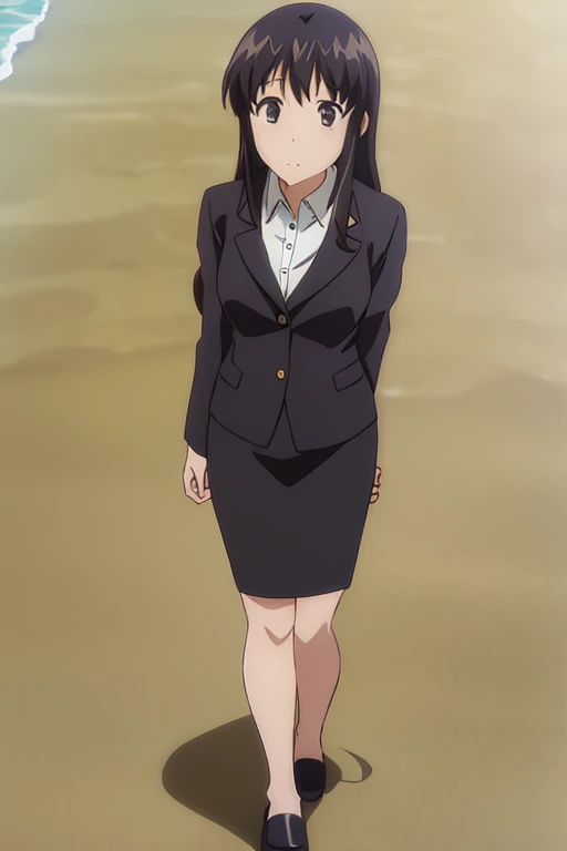 1girl, sei takanashi, beach background, beach, suit, office lady, black skirt, black blazer, pencil skirt, skirt suit, long skirt, white shirt, collared shirt, long hair, teenager, looking at viewer, full body