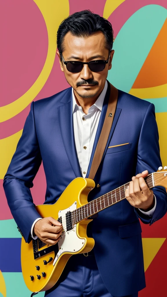 50 years old，Hidetoshi Nakata ，（Kogoro Mouri 1.3), tong, mustache，little beard,  ray ban glasses, playing guitar, nice colourful pattern background, super detail, photography picture, wallpaper picture quality, masterpiece, high resolution, 4k hd, 8k hd, 16k hd