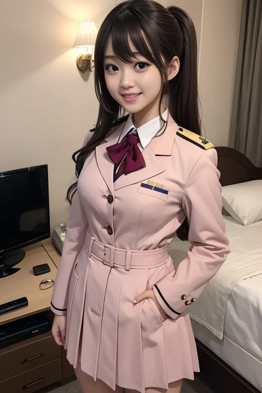 Black Eyes, 1 woman, (female)), solo, real, top quality, photorealistic, masterpiece, 8K, HDTV, solo, hdtv face, soft lighting, bedroom, ((daytime)), sky, (looking at camera), (portrait: 0.6), full-body, (medium hair), ponytail, brown hair, floating hair, lips, lipstick, seductive smile, Floating hair, smile, open mouth, teeth, eyelashes, Nogizaka 46, Moeka Tada, Akari Suda, idol, beautiful girl, ((uniform)), (((standing))