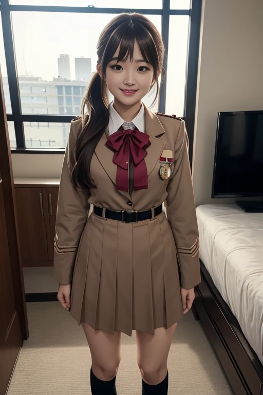 Black Eyes, 1 woman, (female)), solo, real, top quality, photorealistic, masterpiece, 8K, HDTV, solo, hdtv face, soft lighting, bedroom, ((daytime)), sky, (looking at camera), (portrait: 0.6), full-body, (medium hair), ponytail, brown hair, floating hair, lips, lipstick, seductive smile, Floating hair, smile, open mouth, teeth, eyelashes, Nogizaka 46, Moeka Tada, Akari Suda, idol, beautiful girl, ((uniform)), (((standing))