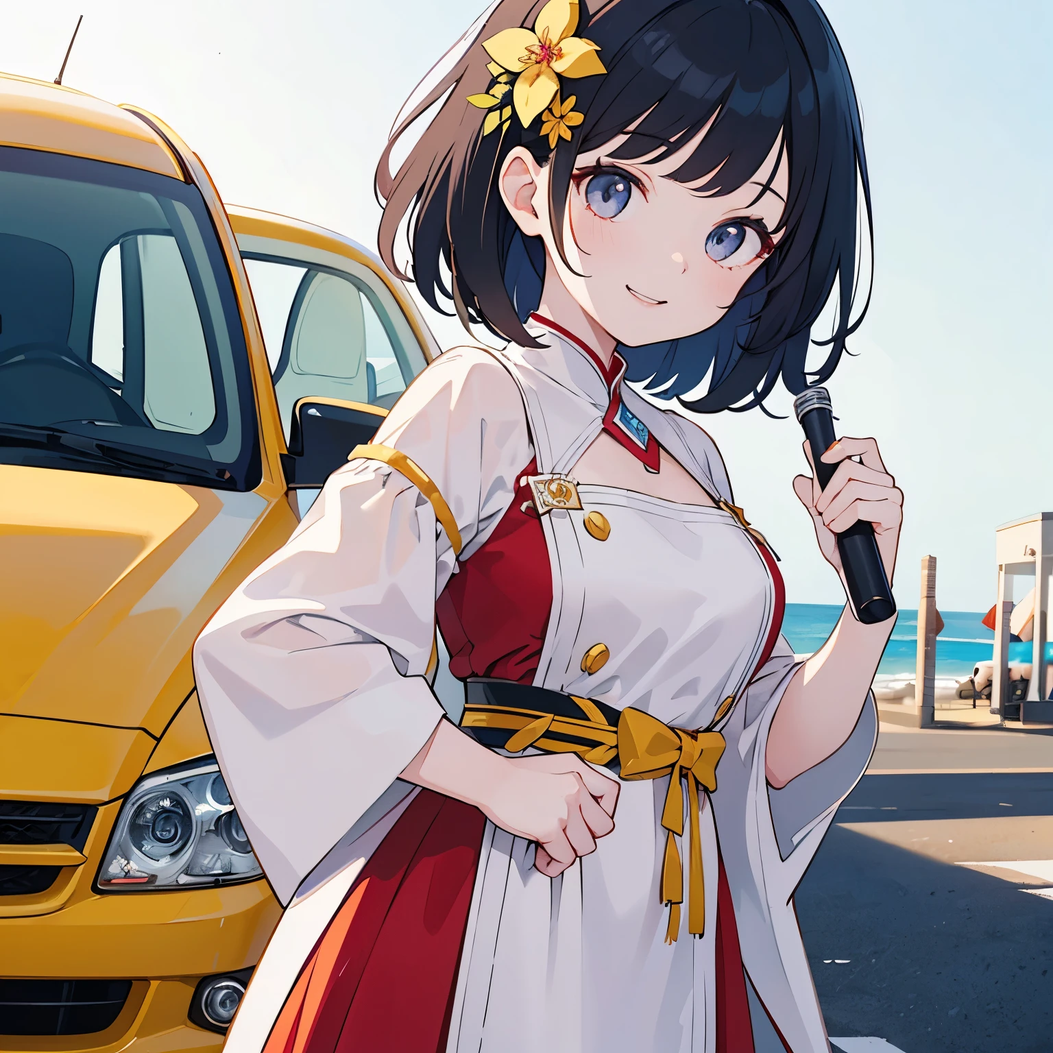 Octane Render、(hyper detail:1.15)、(Soft light、sharp:1.2)、morning、Girl posing in front of colorful EVs in a parking lot near the beach、National costume、Distinctive ethnic hair ornament、Distinctive ethnic women films、F/4.0、muste piece、anatomically correct、smile、shining light