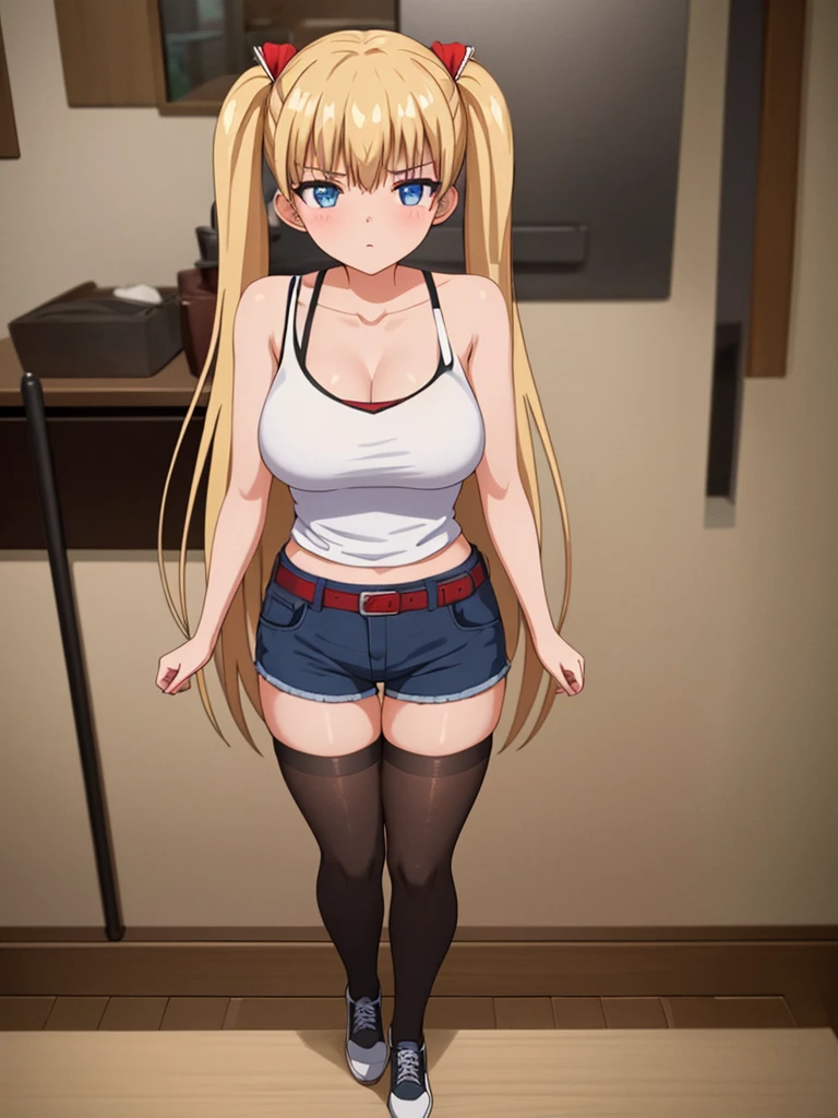 1girl, sana kuranaka, green eyes, brown_hair, short_hair, hair clip, medium_breasts, wearing a white tank top, some blue jean shorts, with a red belt, She is wearing thigh high stockings, full body, she is standing in the room, ranking: explicit, BREAK, 1girl, akizuki airi, blue eyes, blonde_hair, twintails, very_long_hair, she is wearing it in her hair_ornament red, hair_scrunchie red, medium_breasts, wearing a white tank top, some blue jean shorts, with a red belt, She is wearing thigh high stockings, full body, she is standing in the room, ranking: explicit
