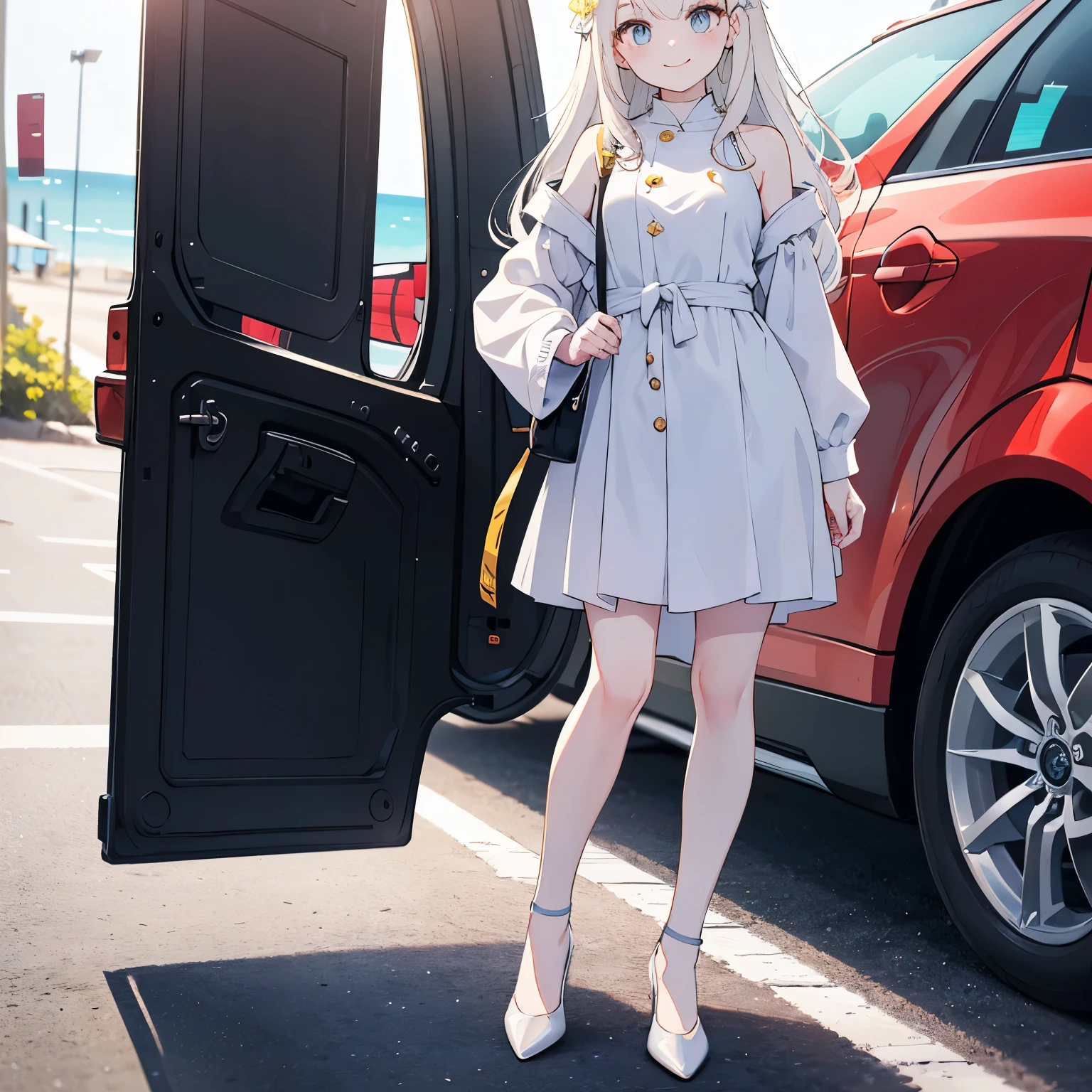 Octane Render、(hyper detail:1.15)、(Soft light、sharp:1.2)、morning、Girl posing in front of colorful EVs in a parking lot near the beach、National costume、Distinctive ethnic hair ornament、Distinctive ethnic women films、F/4.0、muste piece、anatomically correct、smile、shining light、cute shoes