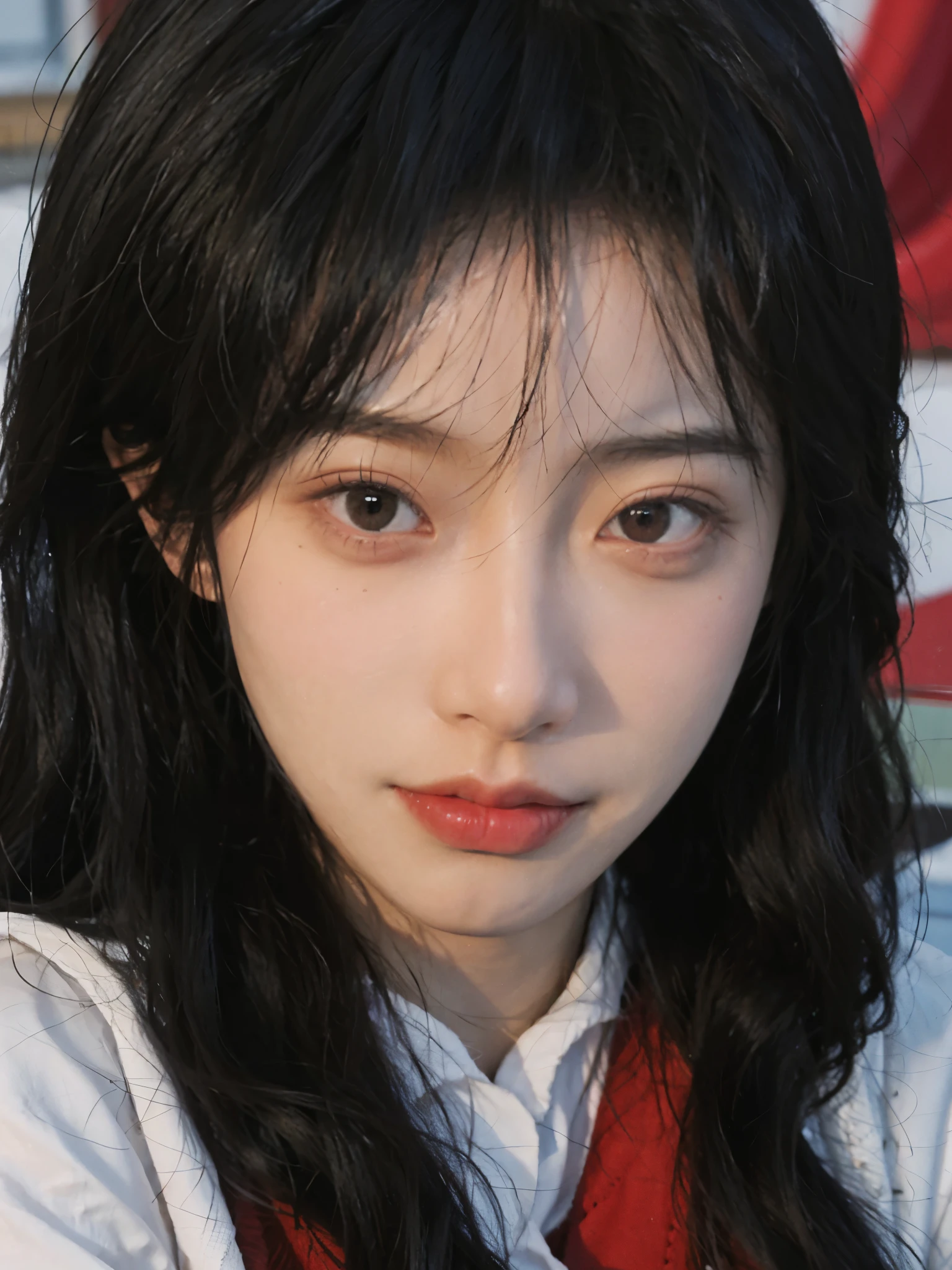 best quality， ultra high resolution， （realistically：1.4）， girl， A pair of eyes as clear as snow,Royal sister，Long Straight，Red school uniform， looking at the audience， close up，
