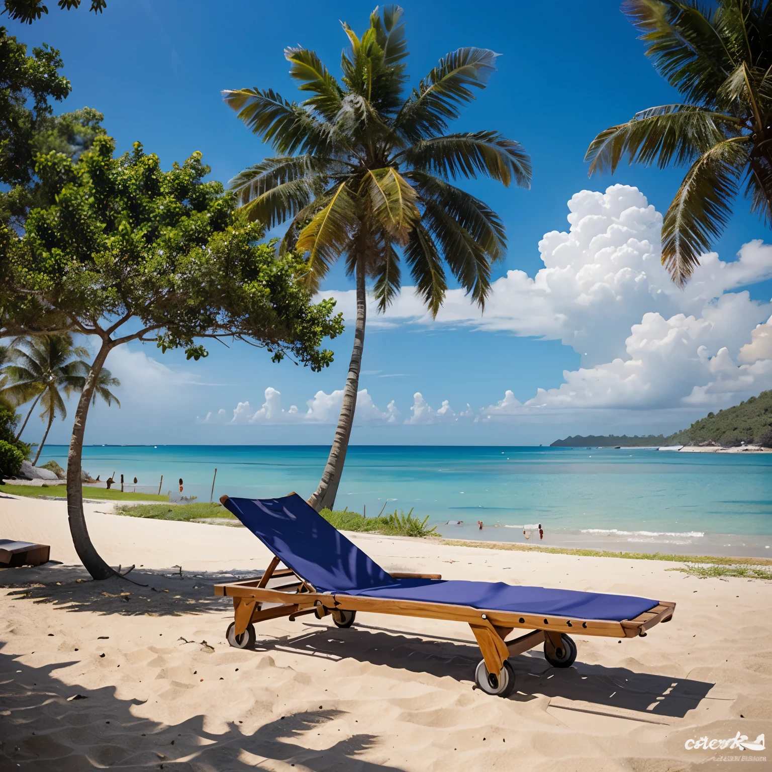 Draw a tree lying in a deckchair on a beach with coconut trees