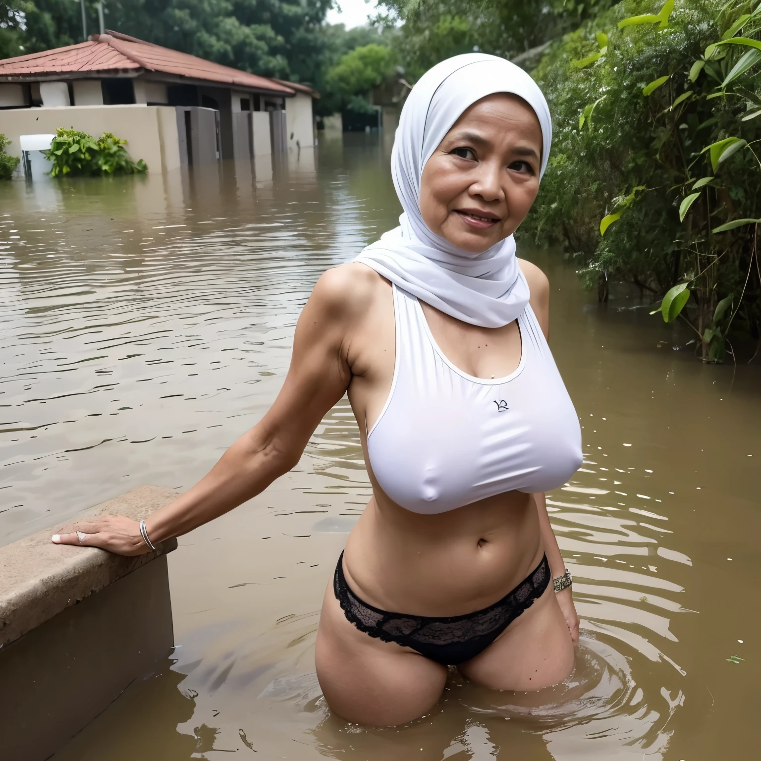 77 Years old, Malaysian mature woman, wearing Hijab, Tank Top, naked at flood