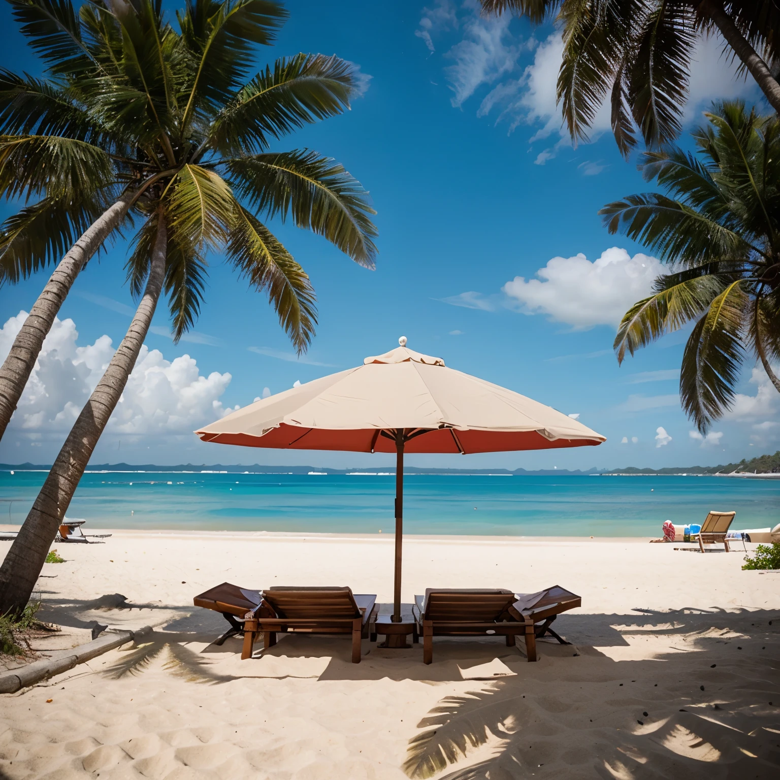 Draw a tree lying in a deckchair on a beach with coconut trees
