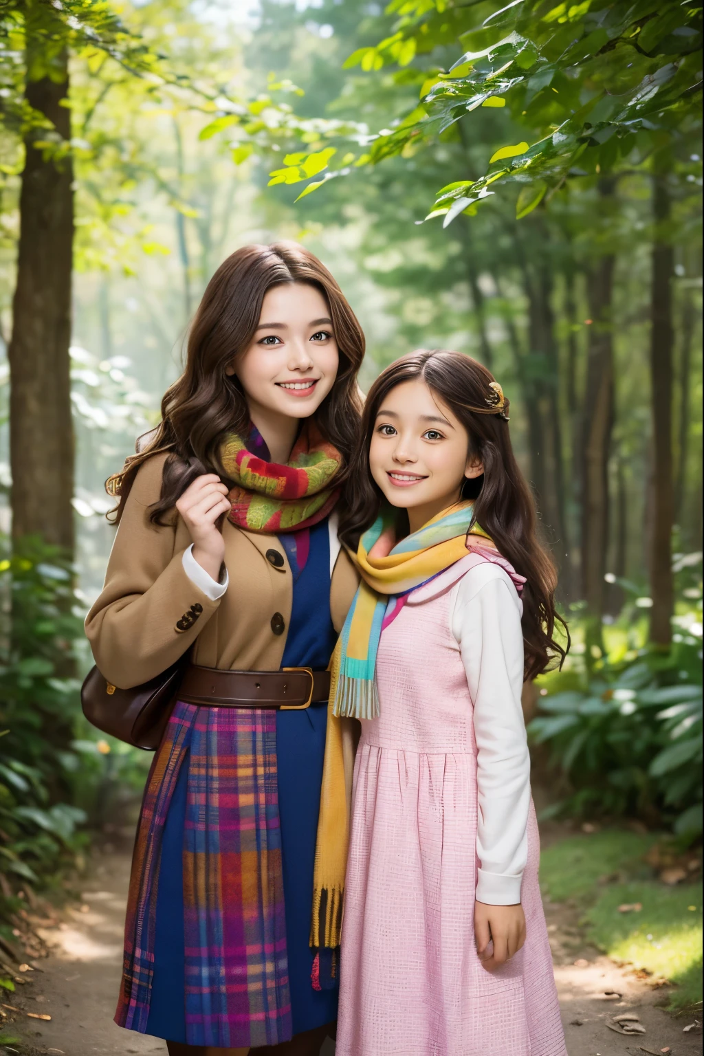 two girls, curious, fearless, smiling, wavy brown hair, dressed in colorful clothes and a magical scarf, next to the old fairy queen