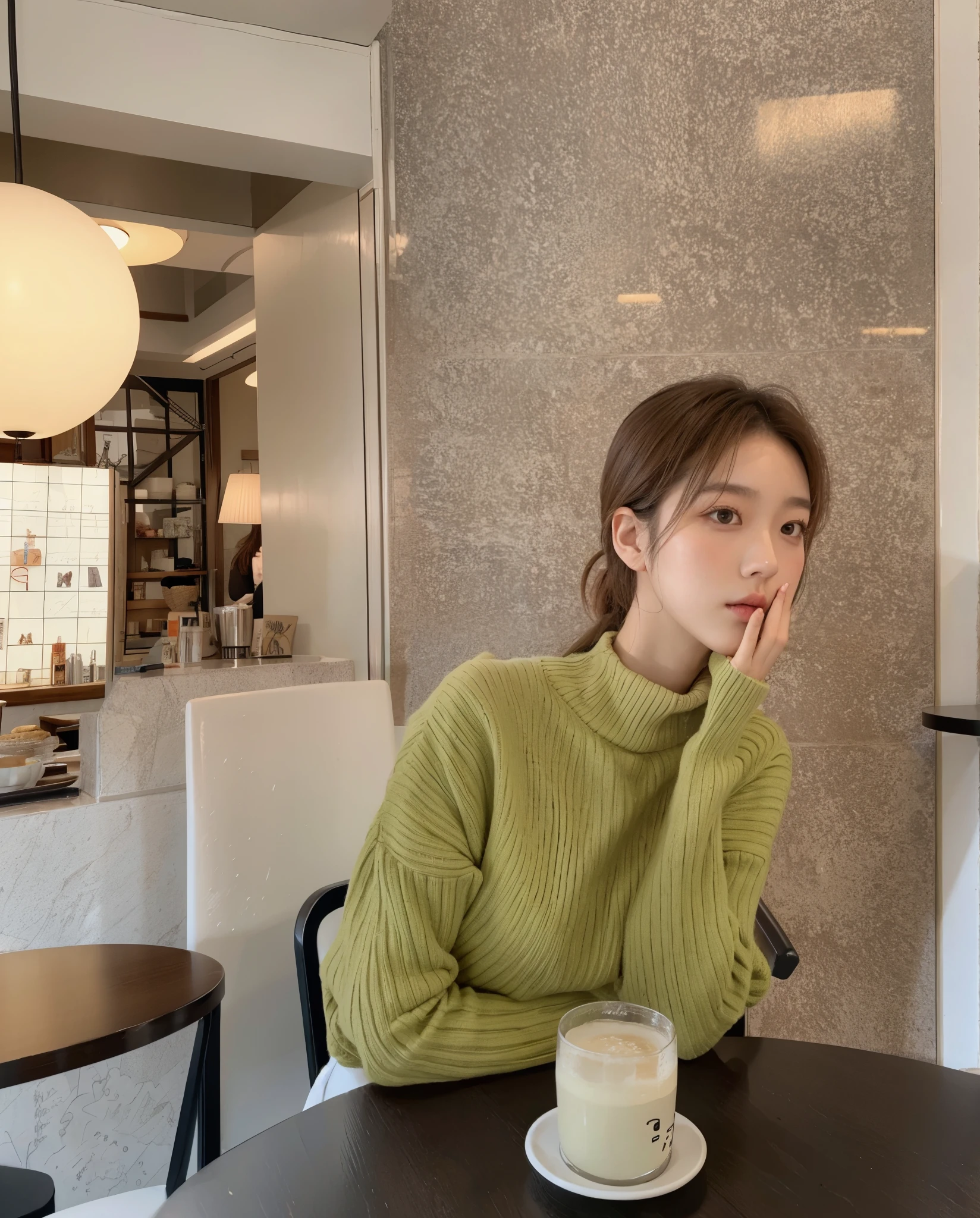 Korean woman is sitting in a cafe and staring at me