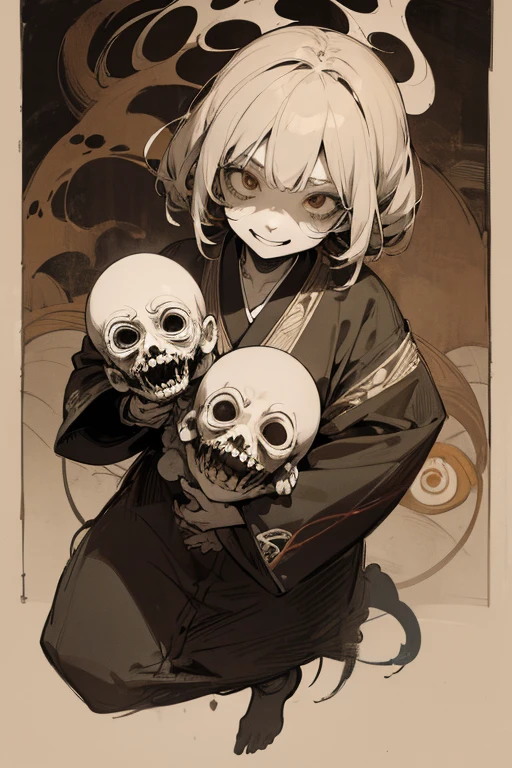 ((festival)), Outline warm color, ((jumpscare)), scribble, nightmare, doll-like face, cartoon style, rough sketch, horror factor, (masterpiece), (high resolution), (super delicate), (Clear), Comic Style Illustrations, (drawing style), warm color, (horror elements), Japanese painting, full body, yokai, angle, (snapshot), bugaboo, horrific, (eerie), Japanese carving, primitive art, old picture scroll style, old staging, Ancient mural style, Crazy illustrations, antique, Dark atmosphere, flat illustration, Crazy smile, spooky look, Distinctive hair style, Creative accessories, individualistic atmosphere