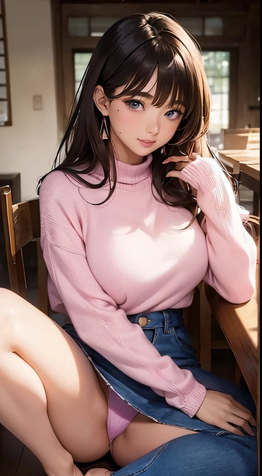 (big breasts、beautiful nipples、large areola、shiny skin:1.5、nipples are visible),(nsfw,shirt lift、(nipples peek:1.2))、(table top: 1.3), (maximum resolution: 1.2), (Ultra HDTV: 1.2), cinematic light, Ultra HDTV, (fine eyes and skin), (detailed facial features), 8K resolution, sharp focus: 1.2, perfect style, beautiful face, perfect body, Accurate, anatomically correct, Highly detailed face and skin texture, fine eyes, dark blue eyes, double eyelid, thin eyebrows, glitter eyeliner: 1.2, natural cheeks, Glossy skin, Fair skin: 1.2, small shiny necklace and earrings, (glossy lips: 1.4), break, one person&#39;s perspective, (She is a very cute female teacher.), (pink lace panties), (enchanting smile: 1.2), ((innocent and cute girl:1.3)), (Long Wave Hair), (light brown hair:1.2), (cowboy shot: 1.2), break, ((very close relationship: 1.2)), medium big breasts, ((looking at the viewer:1.2)), ((Hot spring trip:1.2)), ((Bend your knees and spread your legs wide:1.2)), (From the side:1.2),low angle shot,full body shot　Tight sweater with long sleeves in bright colors　tight denim mini skirt　embarrassed look　Kamimei