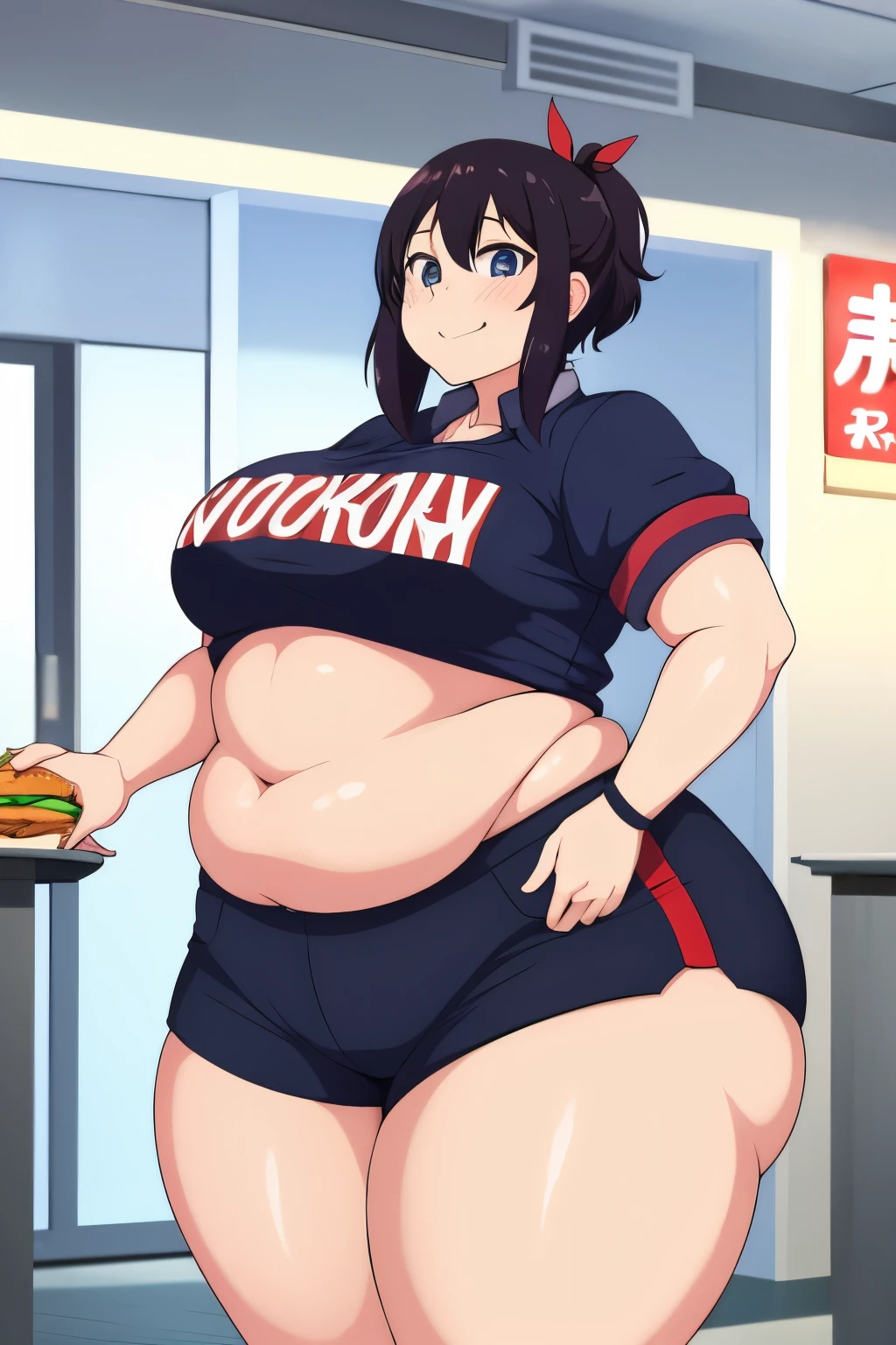 1 chubby woman, anime, working at a fast food place, curvy, thick, chubby belly, wide hips. bloated belly, fast food restaurant uniform.