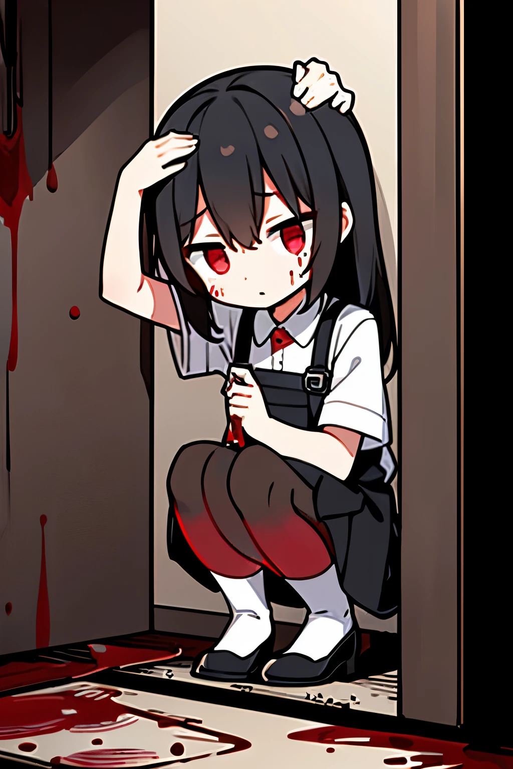 ((use white, black and red))、A girl exploring an abandoned hospital、Scared、Overall dark、flash lights、squat down holding your head、Blood splashes on the walls