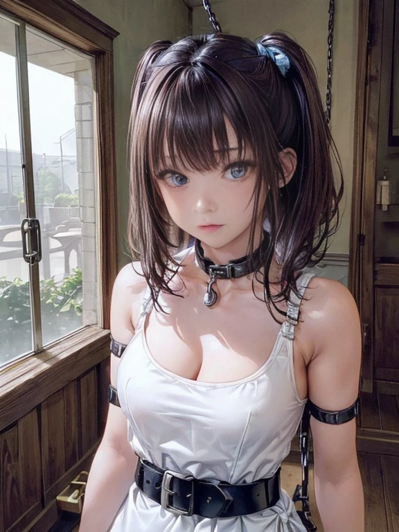 ((masterpiece)), ((best quality)), (ultra-detailed), NSFW, ,((torture chamber)),a cute girl, 1girl, solo, (white mini tanktop dress),(chain bound arms), ((tied to an torture chair)), BDSM,shibari,restrained,((thin waist)),(((single narrow belt bound waist))),beautiful brown hair, beautiful blue eyes, (beautiful eyes), long hair,troubled expression