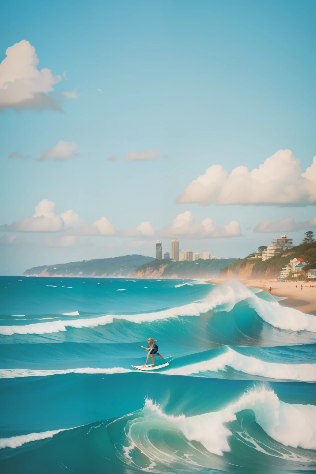 The Sydney Surfing Adventure: Imagine a teenage girl with beachy blonde waves, dressed in surf attire, leading a surfing adventure club on the shores of Sydney. The beach is filled with surfboards and the sound of crashing waves, capturing the adventurous spirit inspired by Malory Towers. Depict the scene with Wes Anderson's tranquil and sun-kissed color palette, blending the joy of the ocean with a touch of nostalgia.