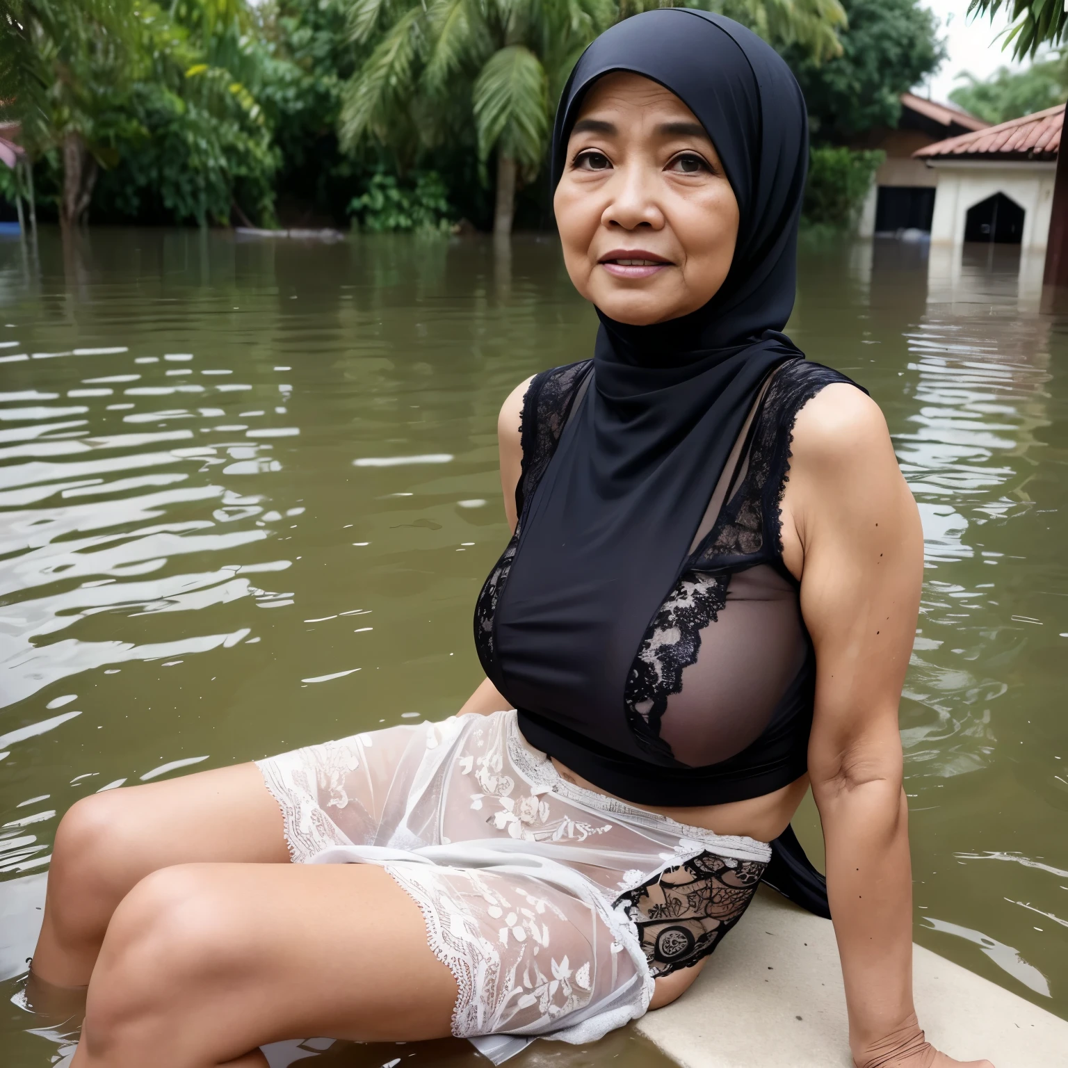 77 Years old, Malaysian mature woman, wearing Hijab, lace Tank Top, naked at flood