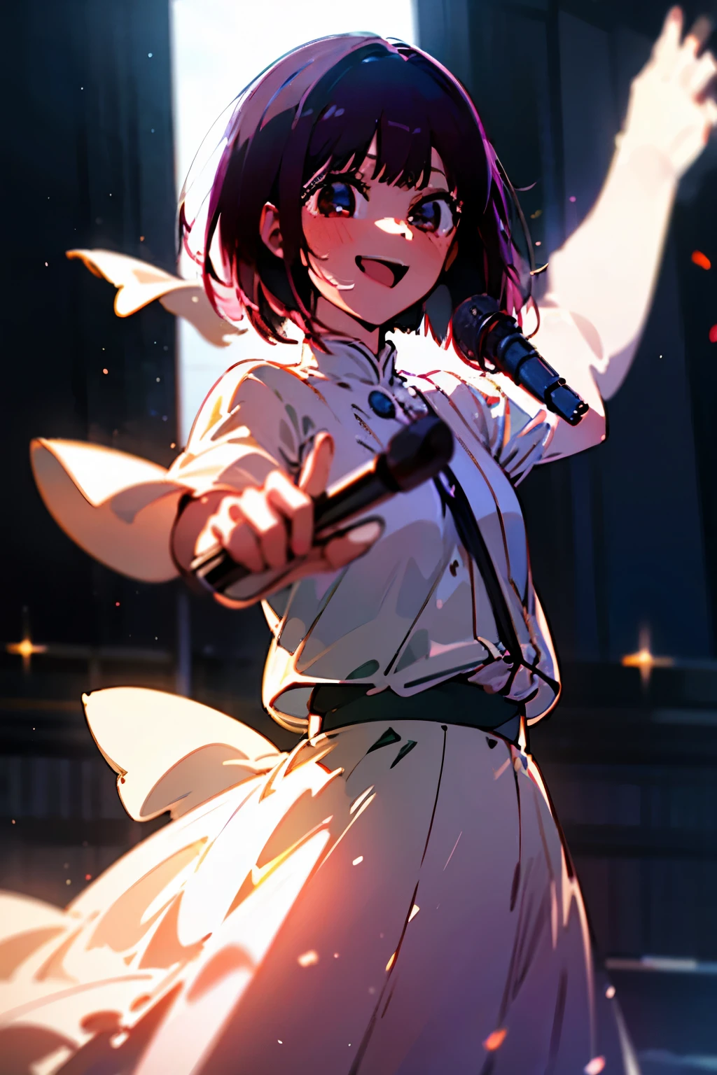 Arima Kana singing song in stage with a smile on her face close view to her face, perfect lighting, cinematic, colour grading, perfect body, beautiful, beautiful