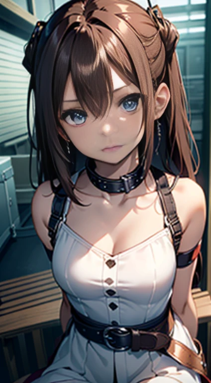 ((masterpiece)), ((best quality)), (ultra-detailed), NSFW, ,((torture chamber)),a cute girl, 1girl, solo, (white mini tanktop dress),(chain bound arms), ((tied to an torture chair)), BDSM,shibari,restrained,((thin waist)),(((single narrow belt bound waist))),beautiful brown hair, beautiful blue eyes, (beautiful eyes), long hair,troubled expression