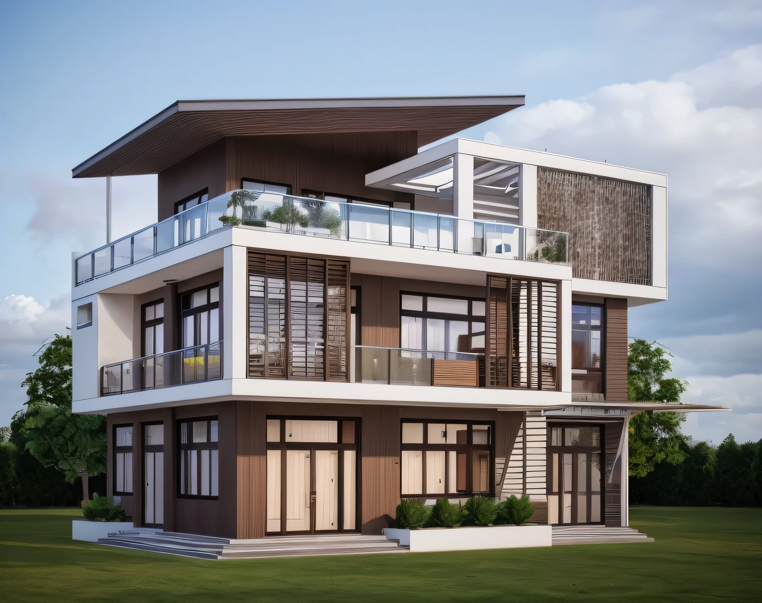 modernvilla, fully tiled, white and wood colour, trees, vine, architecture, building, cloud, vivid colour, masterpiece,best quality,super detailed,realistic,photorealistic, 8k, sharp focus, a photo of a buildinga photo of a building