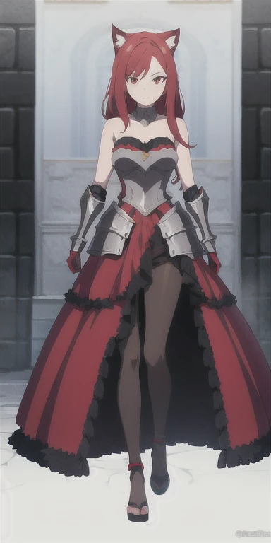((best quality)), ((masterpiece)), (detailed), perfect face , full body anime picture of a red haired and eyed girl wearing cat ears and a sleeveless strapless armor with pantyhose, red eyes , one girl , french gown , armored gown , silver accents , metal gown , full body armor