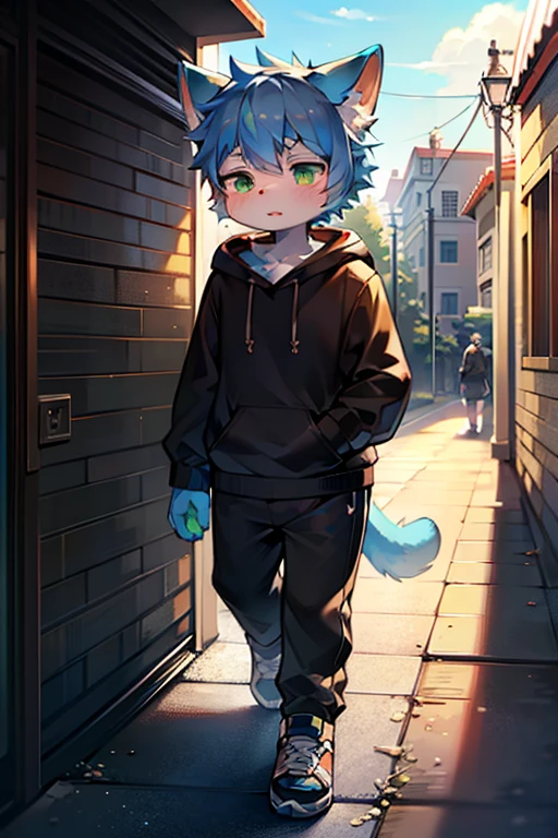 (best quality,4k,8k,high resolution,masterpiece:1.2),Ultra-detailed,(lifelike,lifelike,lifelike:1.37),blue short hair,fluffy,cute,illustration,Shota,digital painting,studio lighting,bright colors,Surreal,pastel color palette,soft light,hairy,Cat,Cat耳朵,Cat尾巴,green eyeale,long tail,personification,hairy艺术风格,blue fur,black hoodie,White trousers,sports shoes,Walking in the modern city,wear glasseoon,Rooftop,green fingertips,author:Dagasi,Yupa,Kiyosan,anthro)