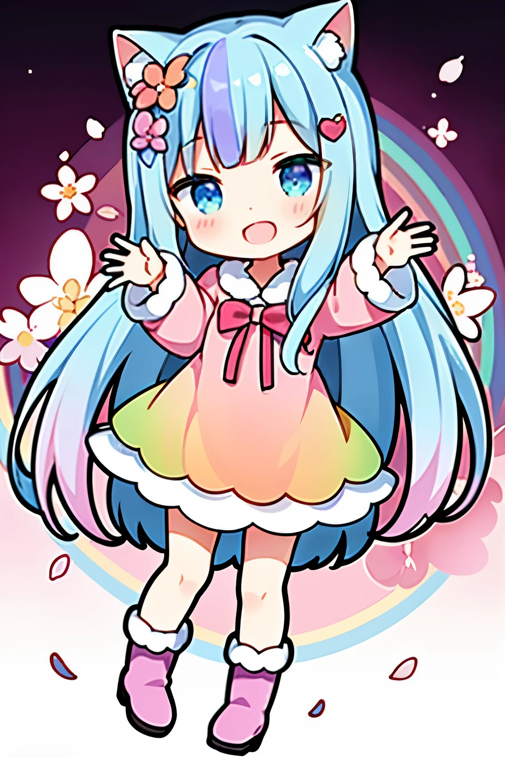 Stand in front of the photo、1girl in,Full body、Longhair-, rainbow color Hair,long boots,Open mouth and big smile、kawaii pose、Flowing iridescent silk、up of face、Eye Up、Colorcon with heart pattern、Floral dress、There are flowers even in front of you、Cherry blossom petals、season!!: springtime☀ 🍂