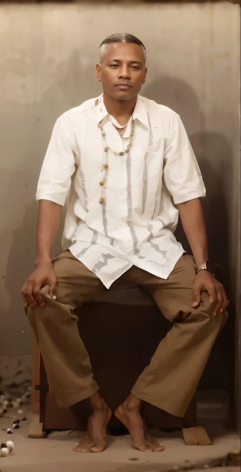 sitting man in loose black and white strip shirt, brown pant, village asthetics, hands kept on knees , small beads collar necklace