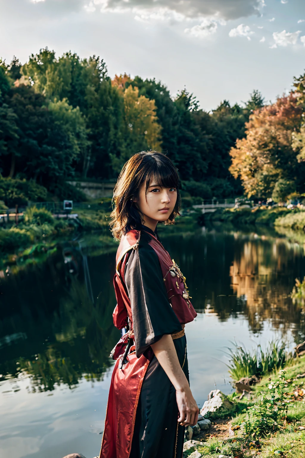 Fantasy Photography, a japanese girl, Pose like an actress, urban wears, messy hair, forest and pond, sunset time, Realism, bumps on the skin