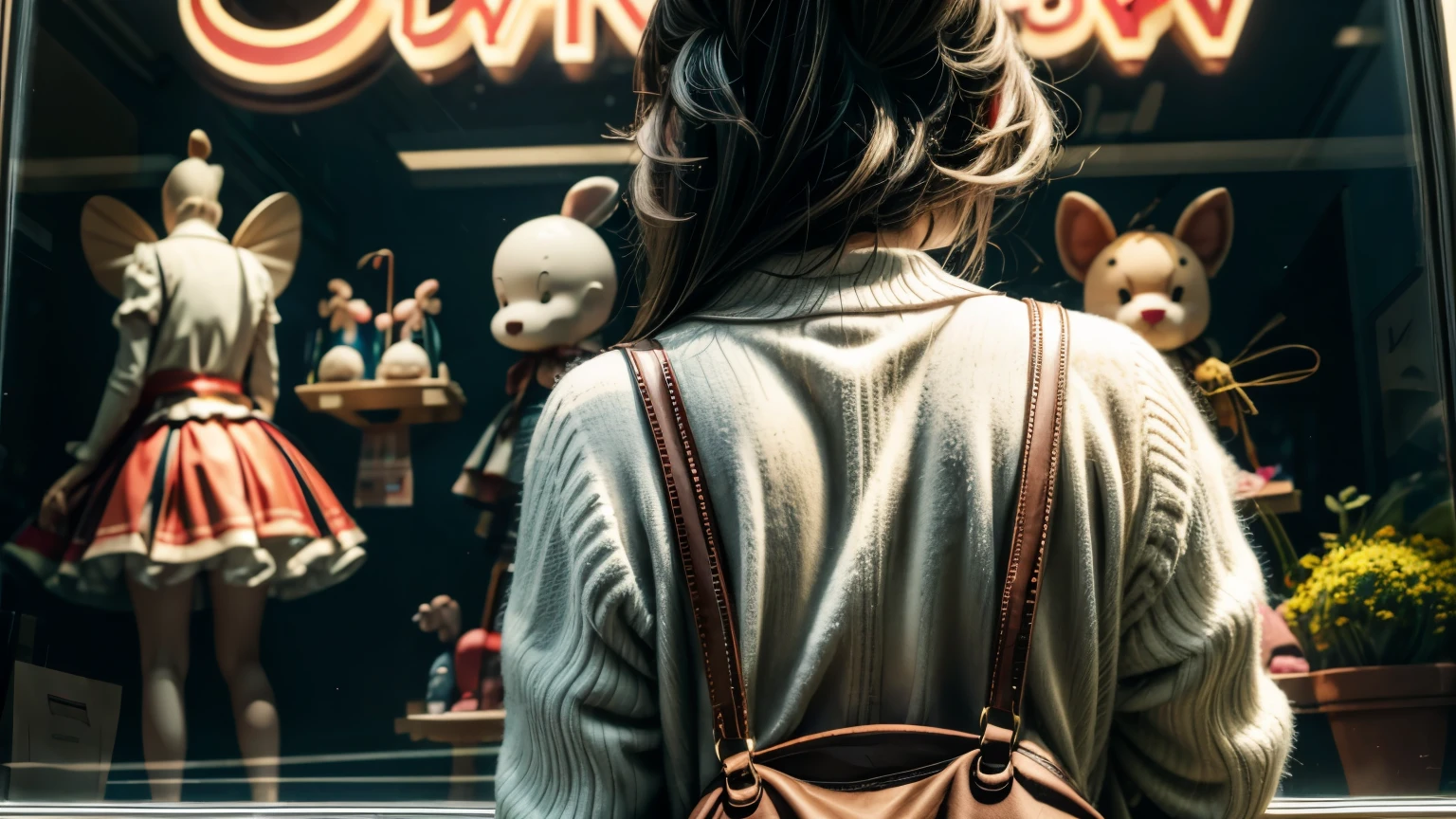 beautiful bimbo in front of Toy Store Window Display, back view