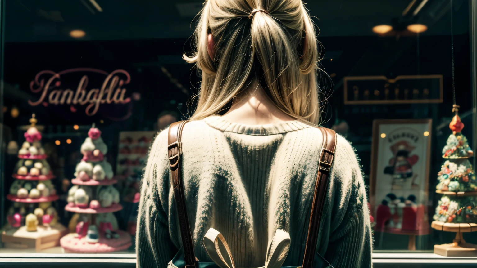 beautiful bimbo in front of Toy Store Window Display, back view