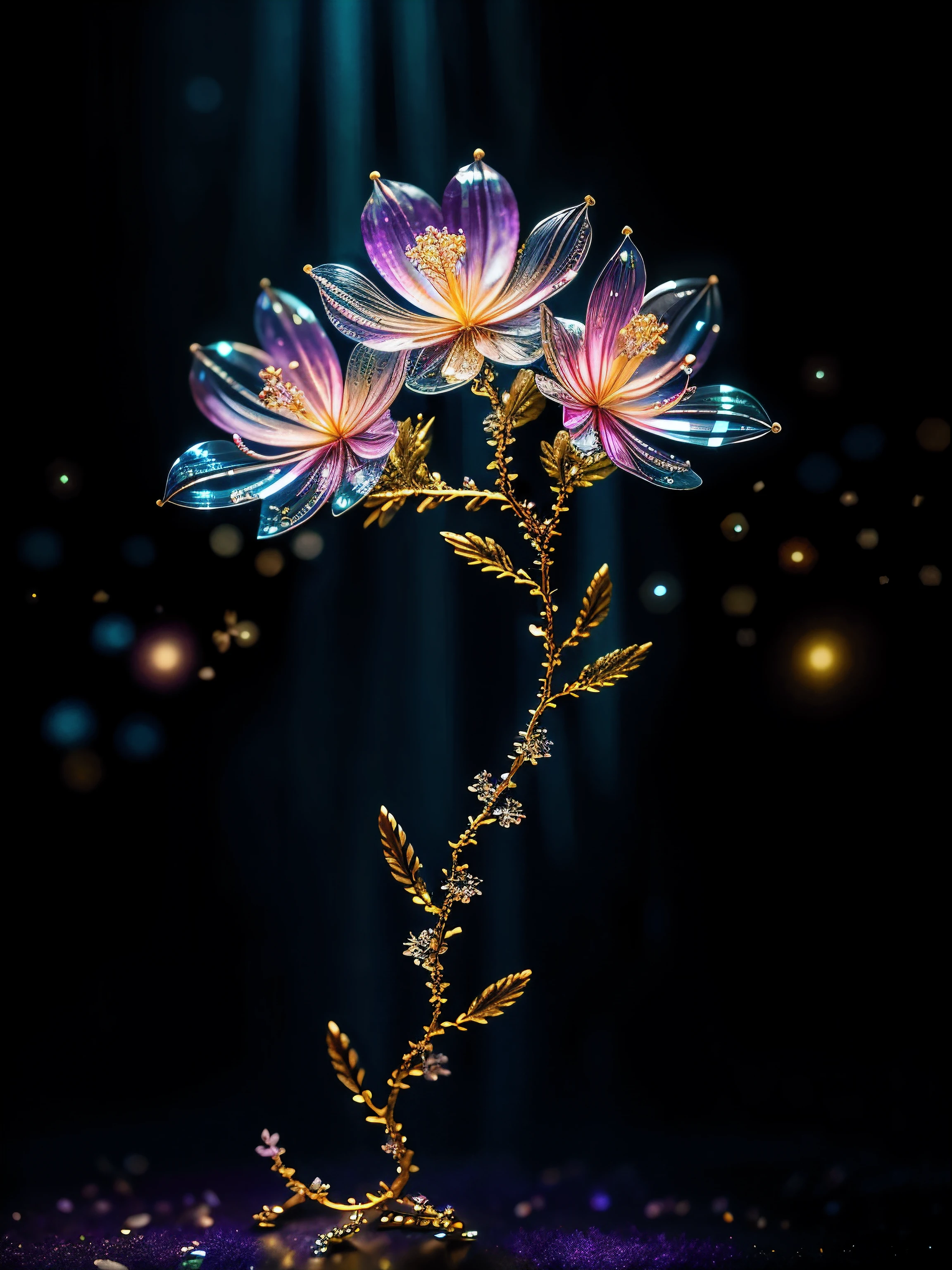 branch of delicate lilac flowers, super transparent, holy light, beautiful spectral light, petals glow, flashing, dark background, drops of transparent light, reflective light, bright, light streaming in, optics, portrait profile, sharp focus, magical, intricate, ultra realistic, fantasy, composition, light, trend on artstation, pearl, patronus cloud of silvery vapor, corrosive enveloping ray family, 8k, ureal ar 23v4 uplight