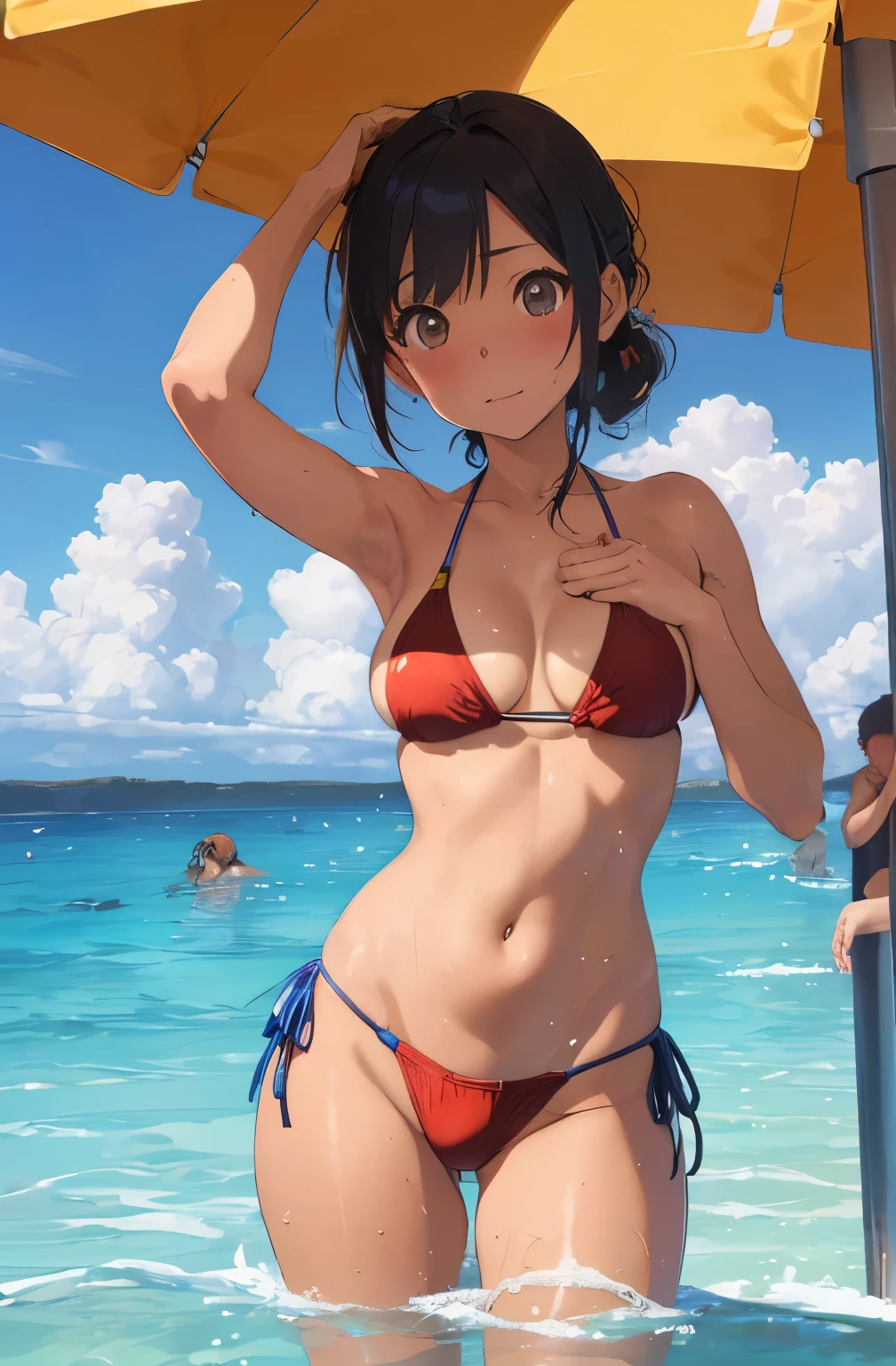 Perfect Anatomy, (Masterpiece, Top Quality) (Very Realistic and Detailed Illustrations) (Official Art) (Super High Detail)
(beach)
(1 girl, swimsuit, looking at camera)
(Tan, middle-aged man, male swimsuit)
(2 people: 1.2)
(woman between two middle-aged men)
(flirting, hugging the torso, grabbing a standing hetero, pulling the bikini string, putting hands in the bikini)