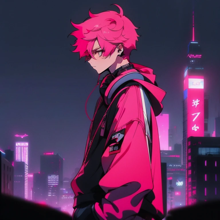 (shortcut), (two block hair), (bright pink hair), (male character), (red eyes), (cool pose), (top quality), (masterpiece), (Super detailed), (oversized hoodie), (Street style), (neon), (modern city), (neonデイライト), (cinematic), (stylish), (High resolution), (hyper-detailed), (soft town), (Nightcore), (a handsome guy), (he is wearing headphones), (natural appearance of the building), (casual), (IG studio anime style), (standing pose), (Camera from low angle from the front),