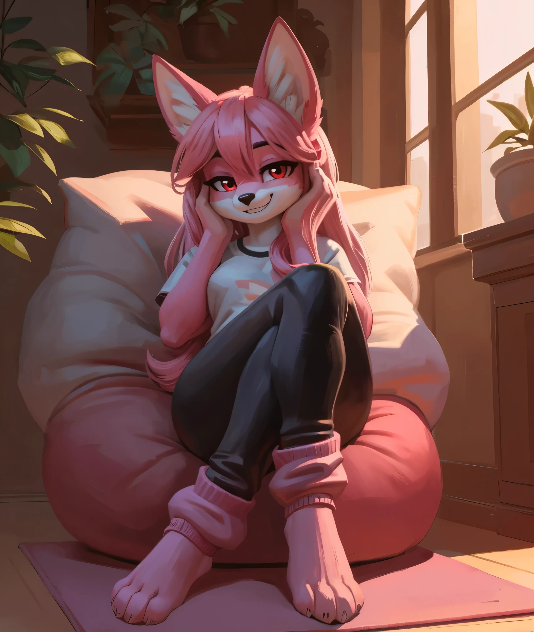 [nazuna hiwatashi], [Uploaded to e621.net; (Pixelsketcher), (wamudraws)], ((masterpiece)), ((HD)), ((high res)), ((solo portrait)), ((full body)), ((front view)), ((feet visible)), ((furry; anthro)), ((detailed fur)), ((detailed shading)), ((beautiful render art)), ((intricate details)), {anthro fox girl; pink fur, black nose, (cute red eyes), (long eyelashes), (luffy pink tail), (long pink hair), (two toned hair), (hot-pink tips on hair), (sharp white nails), (curvy hips), (beautiful legs), (beautiful feet), (blushing), (cute grin), (playful expression)}, {(grey tee shirt), (black yoga pants), (pink leg warmers)}, {(sitting on beanbag), (head resting on hands), (hands on face), (crossed legs), (looking at viewer)}, [background; (living room), (window), (clouds in sky), (blue sky), (sun rays), (ambient lighting)]
