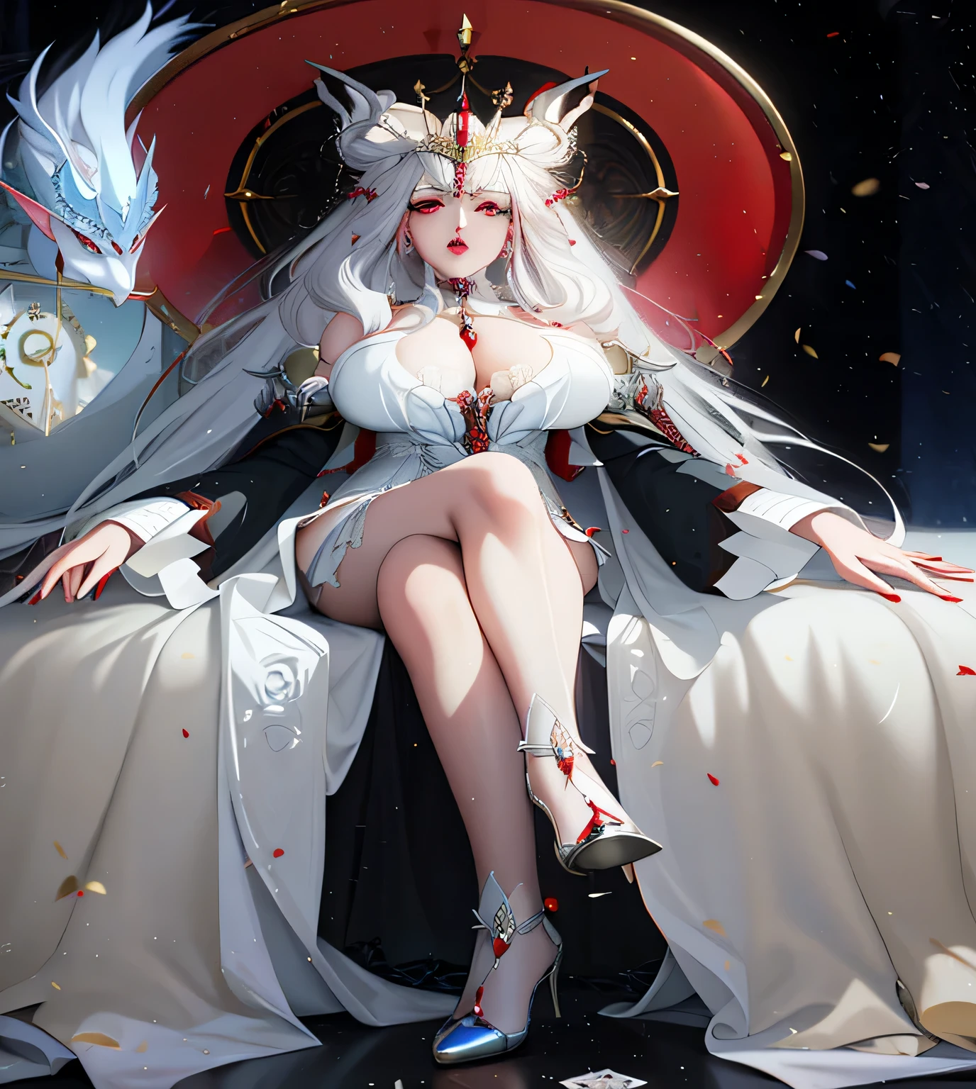 araffe dressed in a white dress sitting on a chair with a red and gold clock, white haired deity, a beautiful fantasy empress, beautiful elegant demon queen, anime goddess, ((a beautiful fantasy empress)), guweiz masterpiece, guweiz, beautiful and elegant elf queen, trending on cgstation, beautiful alluring anime woman, gothic maiden anime girl