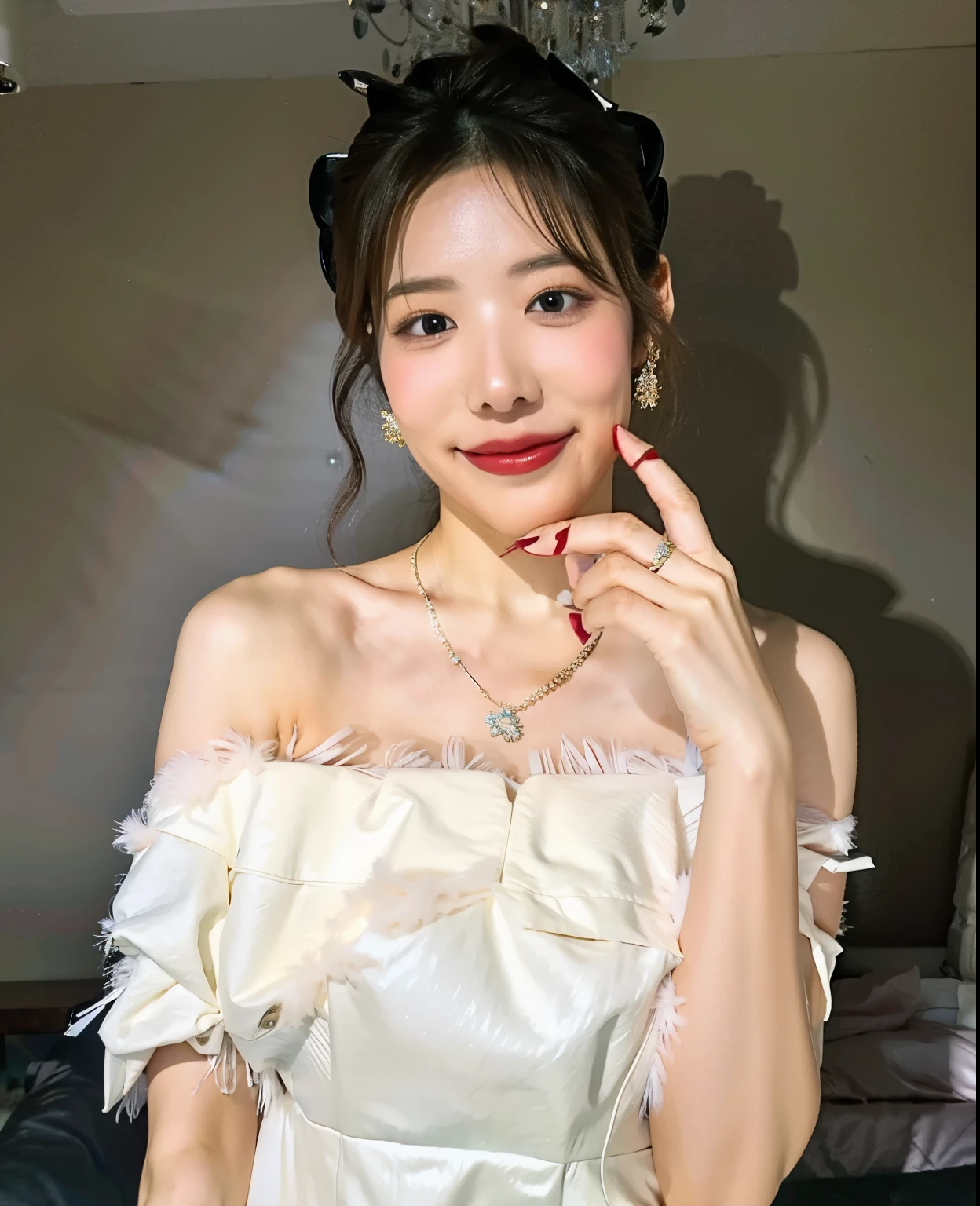 A woman wearing a white dress lies on the bed, korean girl, Larissa Manobar, Urzans, Lying on the bed and posing, Larissa Manoban of Blackpink, on my bed, beautiful korean woman, Very beautiful and cute catwoman, Gorgeous young Korean woman, Sun Yunzhu, berdefen, Beautiful young Korean woman