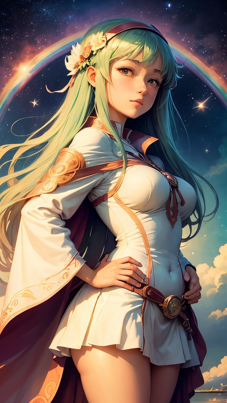Toriko Chiya, Alphonse Mucha, Surreal, mysterious, strange, fantastical, fantasy, sci-fi, Japanese anime, cloud path, rainbow bridge, miniskirt beautiful girl who sails the sails of her soul on the sea of stars, perfect voluminous body, detailed masterpiece