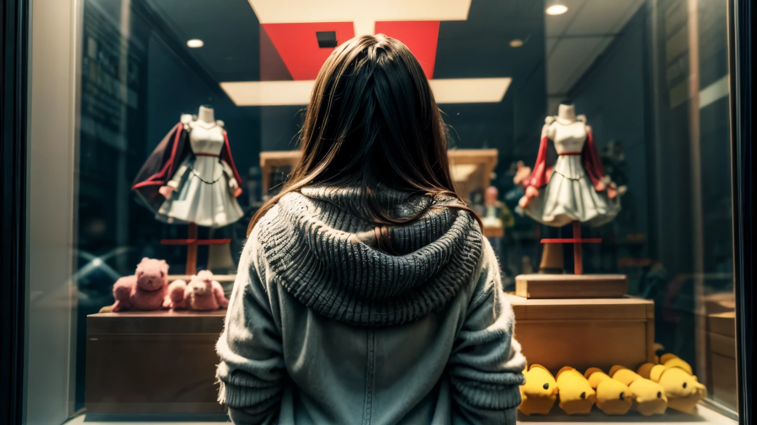 beautiful busty in front of Toy Store Window Display, back view