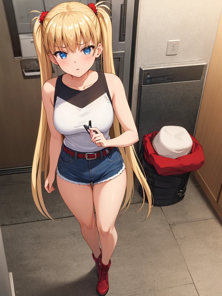 1girl, akizuki airi, blue eyes, blonde_hair, twintails, very_long_hair, she is wearing it in her hair_ornament red, hair_scrunchie red, medium_breasts, wearing a white tank top, some blue jean shorts, with a red belt, She is wearing thigh high stockings, full body, ranking: explicit, Dakimakura, top view,