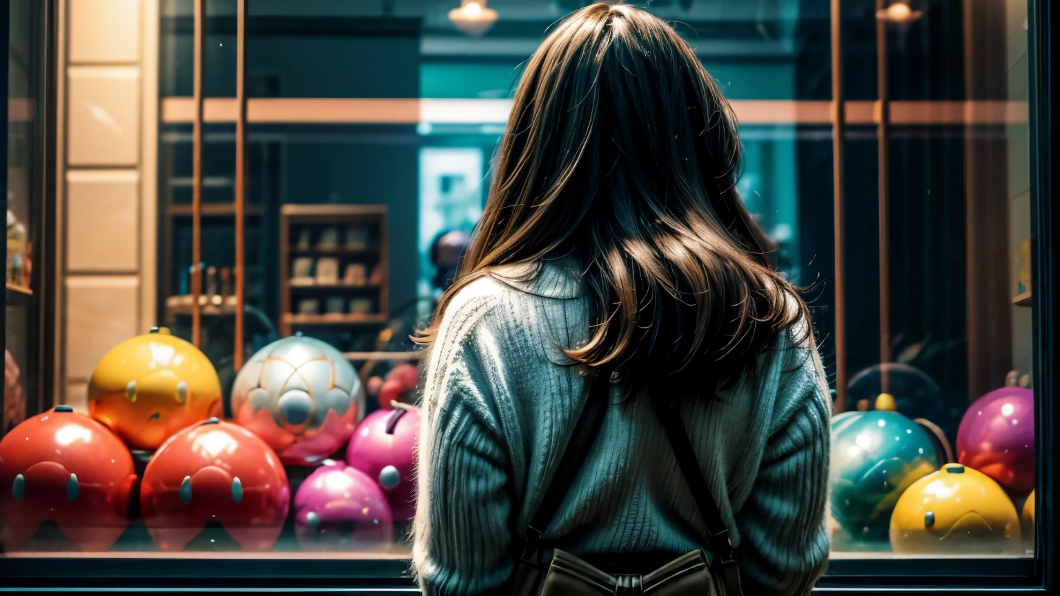 beautiful busty in front of Toy Store Window Display, back view