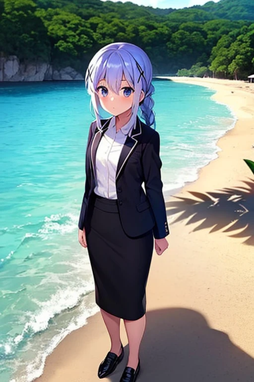 1girl, chino kafuu, beach background, beach, suit, office lady, black skirt, black blazer, pencil skirt, skirt suit, long skirt, white shirt, collared shirt, long hair, teenager, looking at viewer, full body