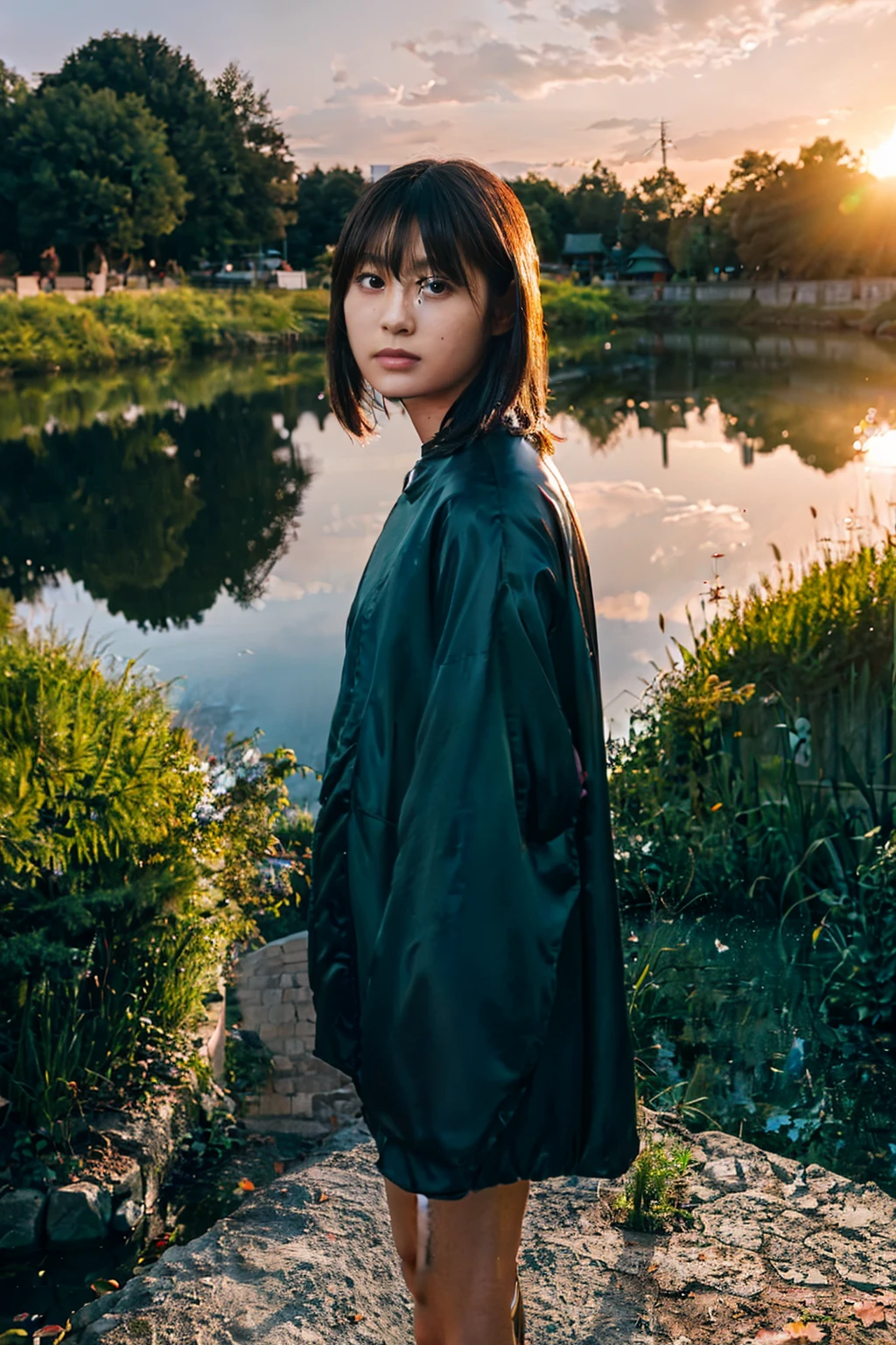 Fantasy Photography, a japanese girl, Pose like an actress, urban wears, messy hair, forest and pond, sunset time, Realism, bumps on the skin