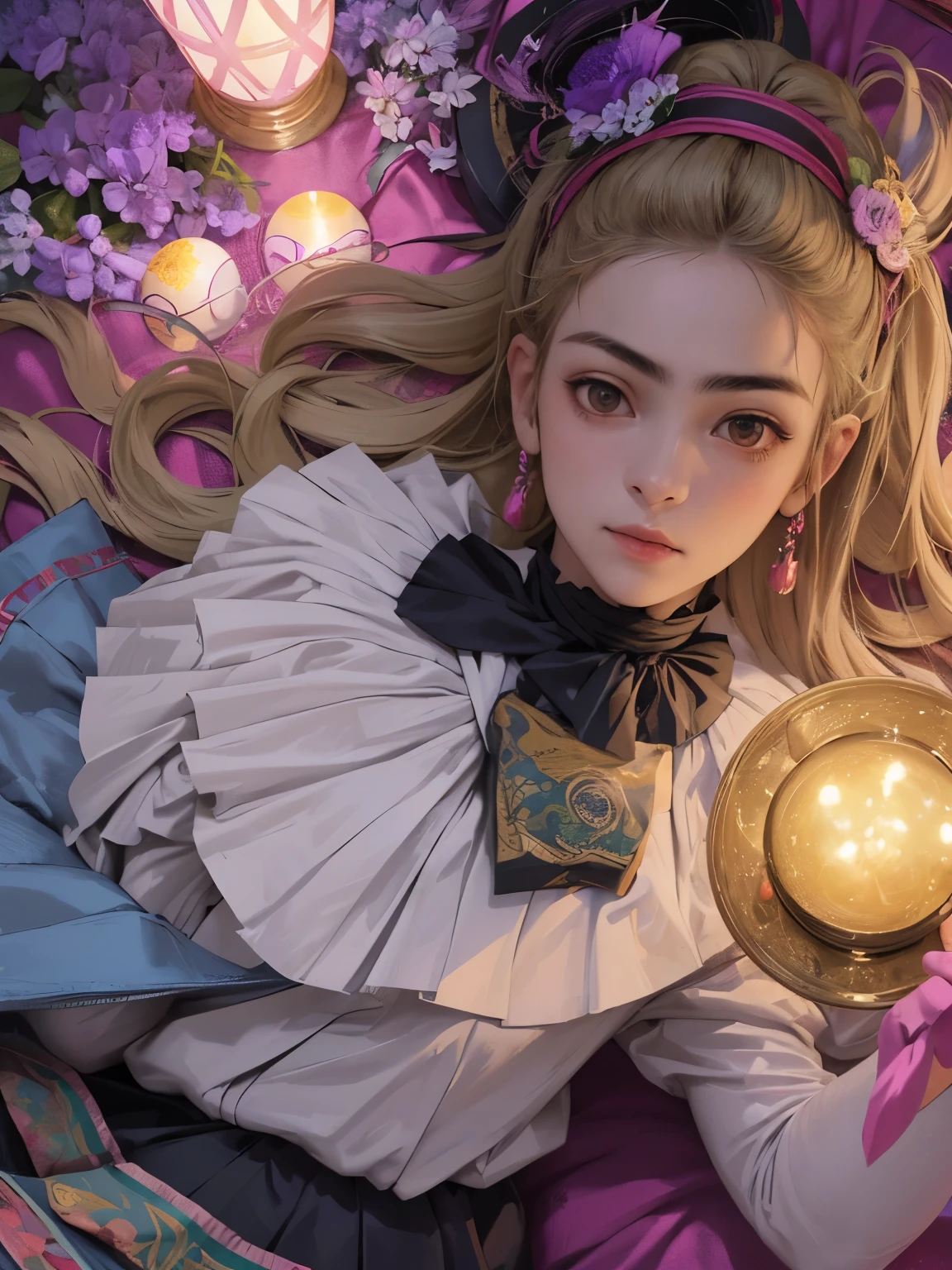 Frida Kahlo, Yukari Higa, Surreal, mysterious, strange, fantastical, fantasy, Sci-fi, Japanese anime, Parsifal's Easter, playing in dreams, blonde miniskirt beautiful girl Alice, perfect voluminous body, bird's eye view, detailed masterpiece 