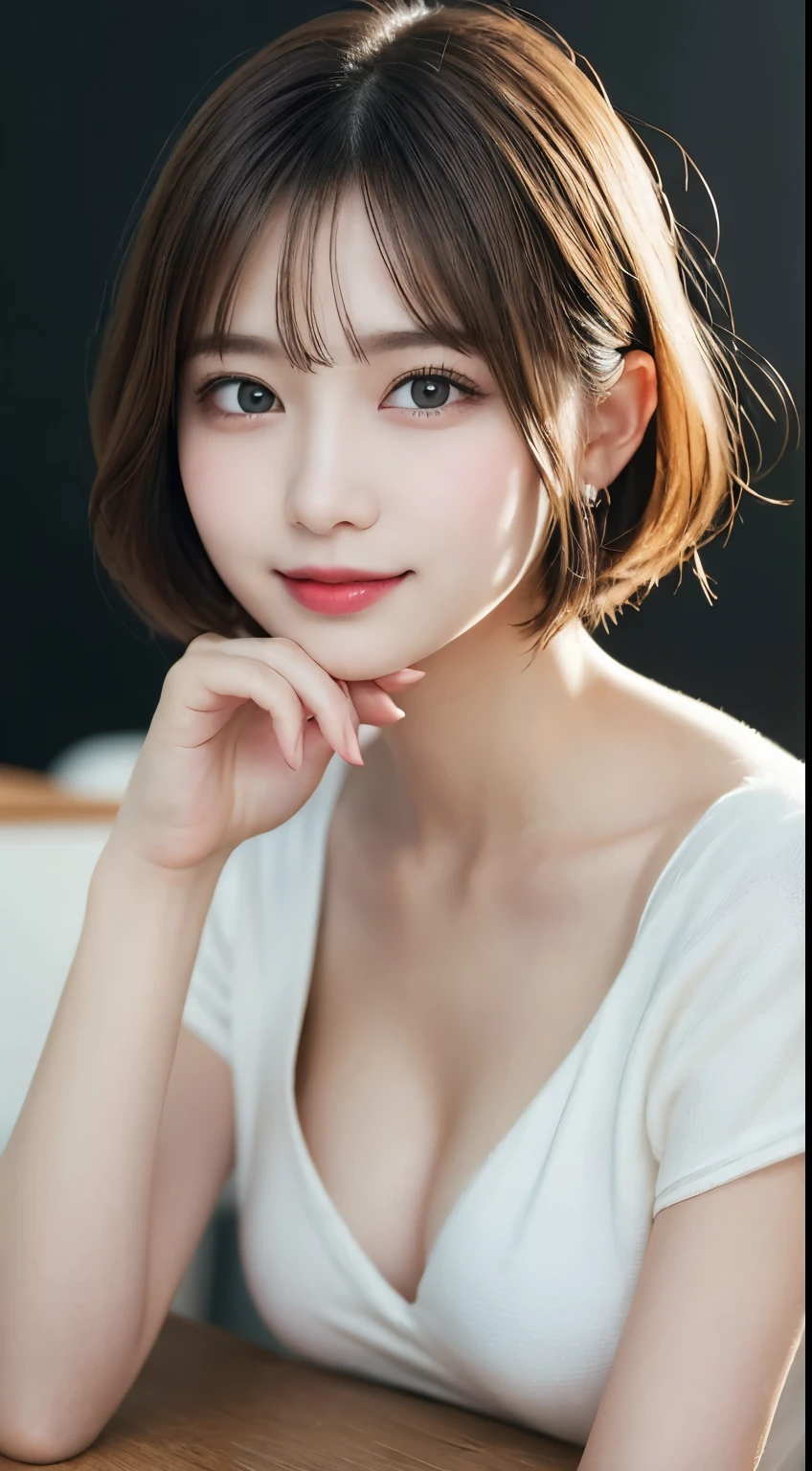 on the table, best quality, illustration, Super detailed, fine details, high resolution, 8k wallpaper, Perfect dynamic composition, Beautiful and delicate eyes, women's fashion,very short hair,Natural color lips for small breasts, bold gesture,Smile,Harajuku、20 year old girl、Lovely、looking into camera lens