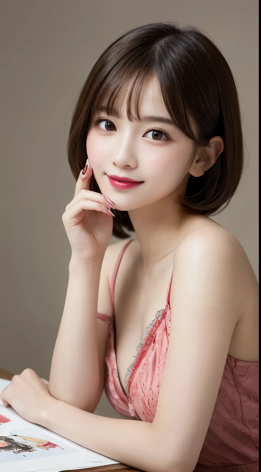 on the table, best quality, illustration, Super detailed, fine details, high resolution, 8k wallpaper, Perfect dynamic composition, Beautiful and delicate eyes, women's fashion,very short hair,Natural color lips for small breasts, bold gesture,Smile,Harajuku、20 year old girl、Lovely、looking into camera lens